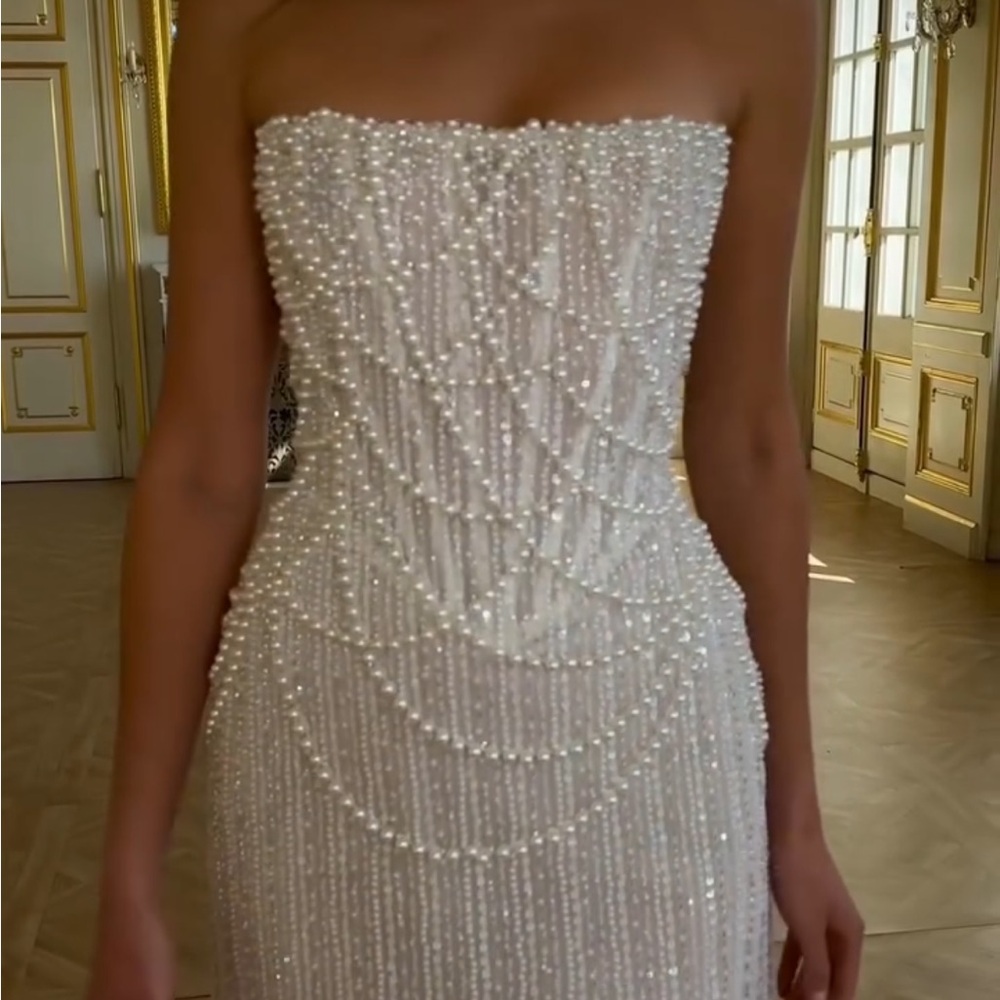 Rosie Etienne lustre Strapless Pearl-Embellished mini dress